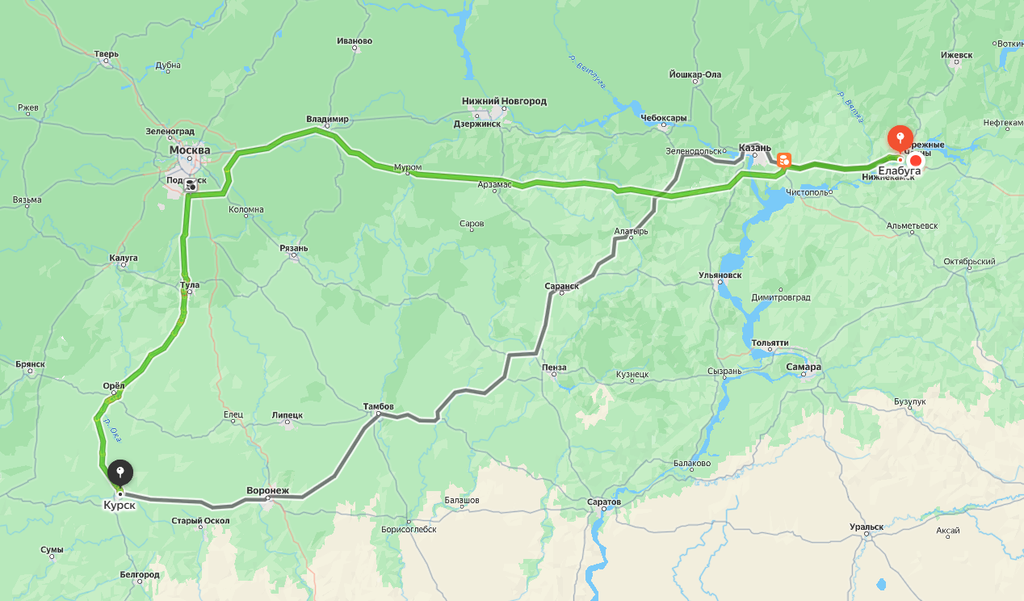 Карта поездки такси Елабуга Курск